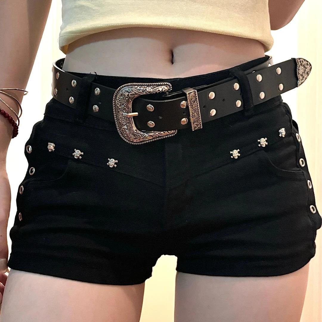 

Women s Low-Waist Dark Style Rivet Denim Shorts XL