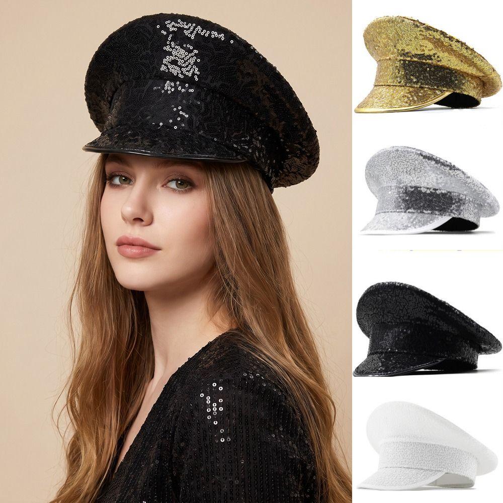 Shiny Embellished Hat Y2k Captain Cap Unisex Design Sequin Flat Top Hat Carnival Festival