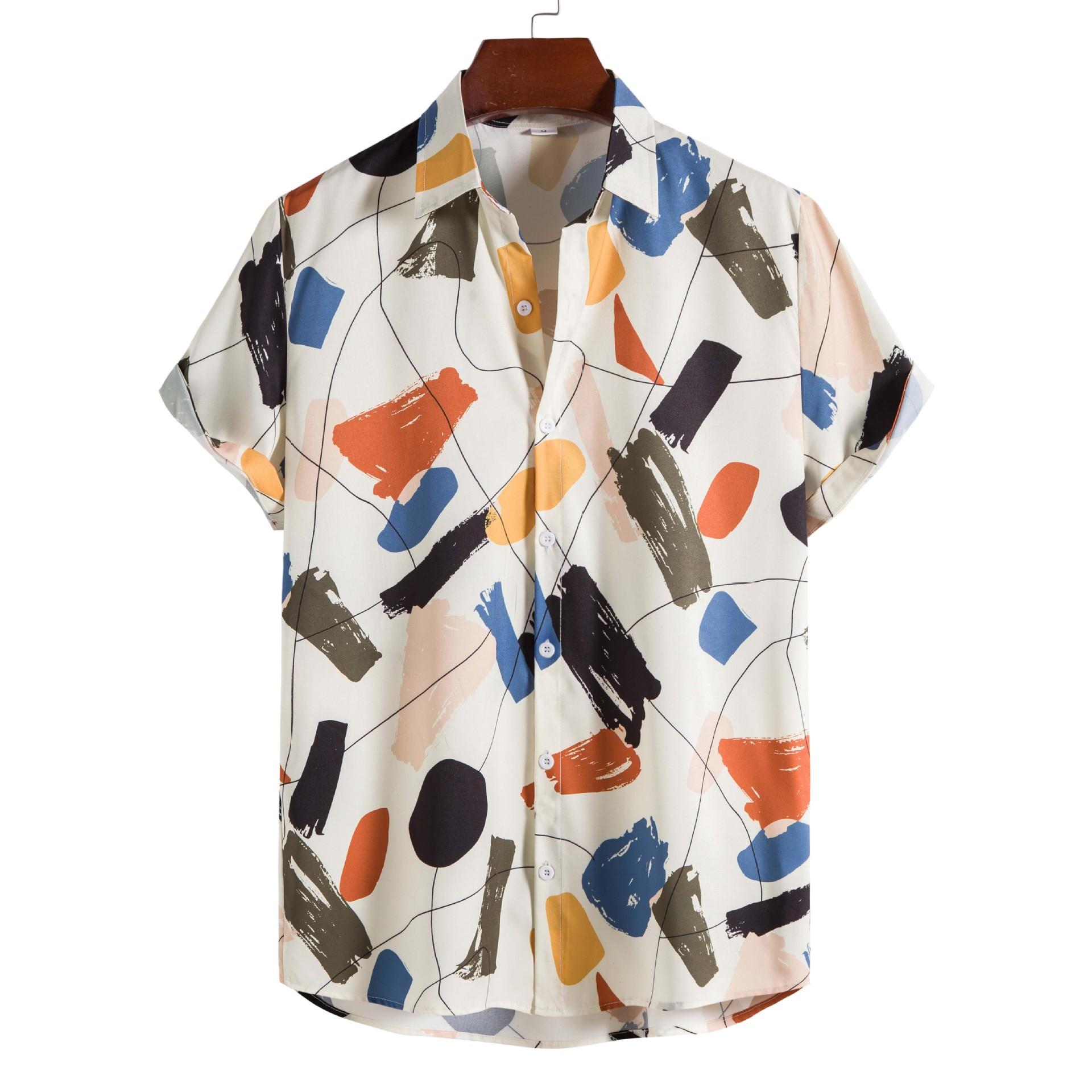

Men s Short Sleeve Casual Shirt with Abstract Geometric Print, Roll-Up Sleeves, Button-Up Design S
