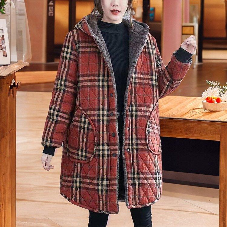 

Зимнее бархатное утолщенное хлопковое пальто средней длины большого размера, свободное женское бархатное ретро-плед, теплая хлопковая куртка с капюшоном XL