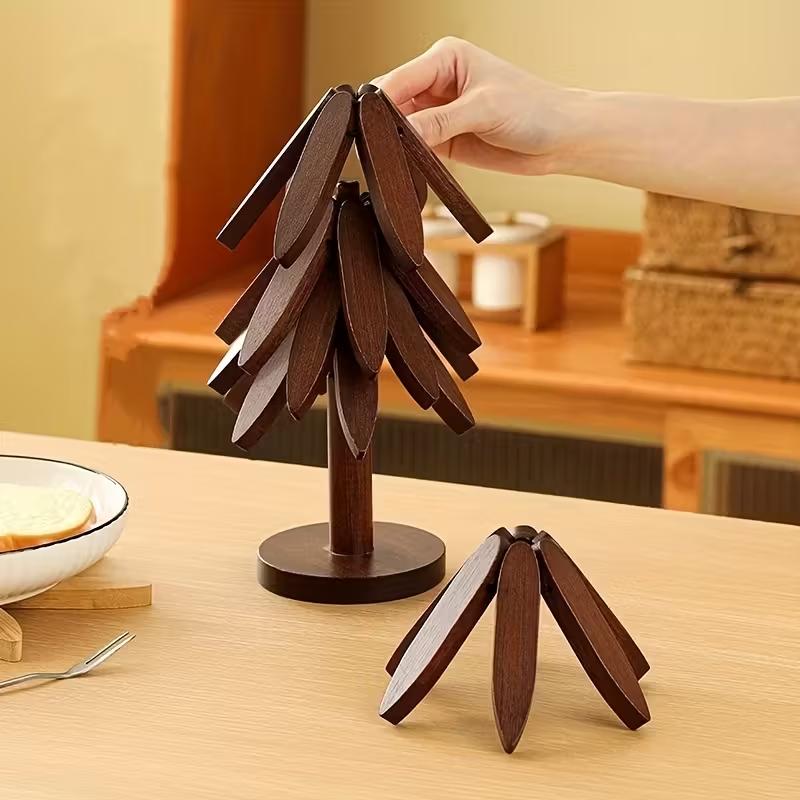 4pcs Heat-Resistant Wooden Walnut Coasters Set, Self-Recovering Creative Tree-Shaped Heat Insulation Non-Slip  Pads, коричневый