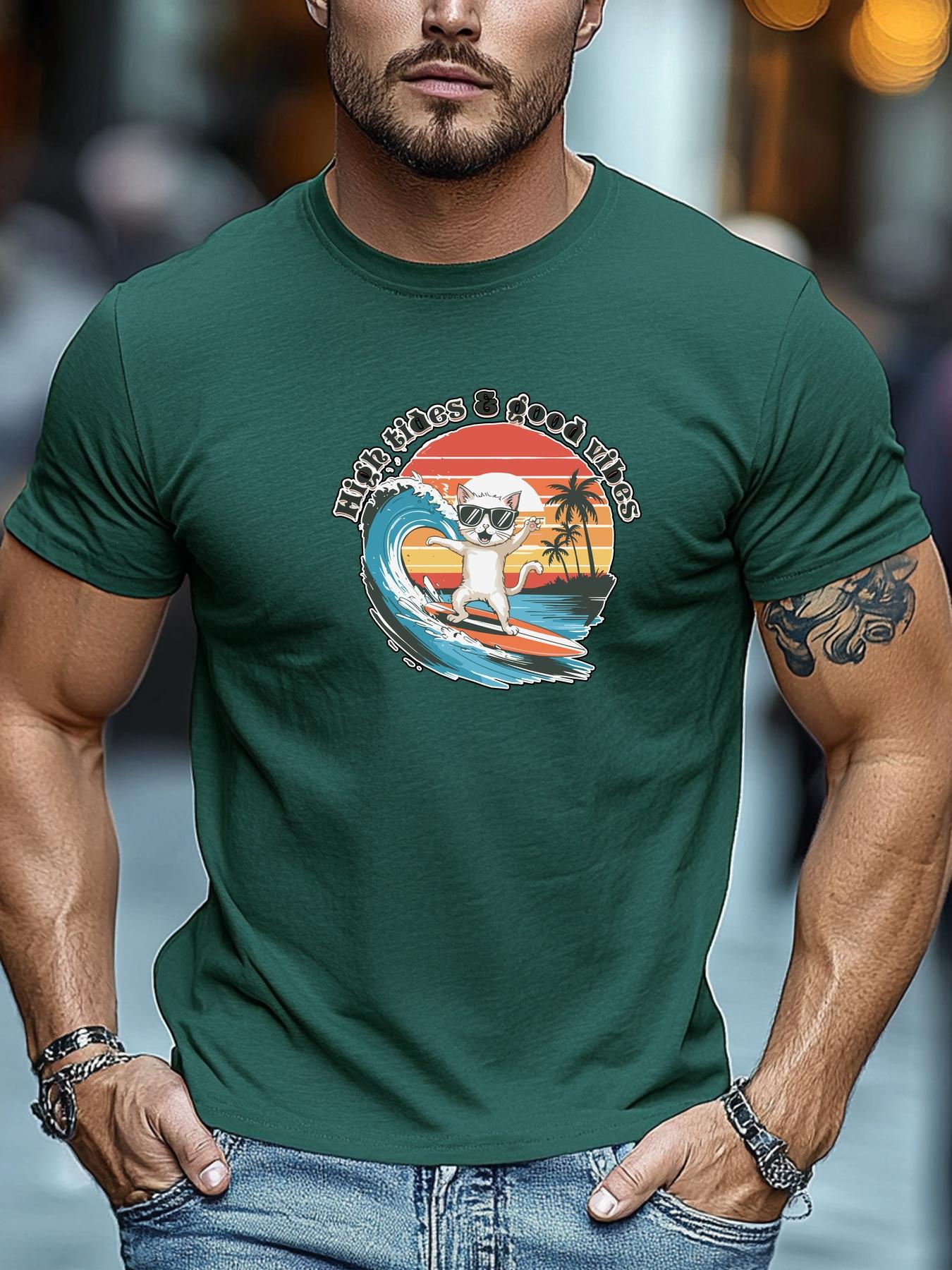 Mens Surfing TShirt High Tides Good Vibes Cat Print Short Sleeve Round Neck Breathable Oversized Beach Daily Wear 4XL
