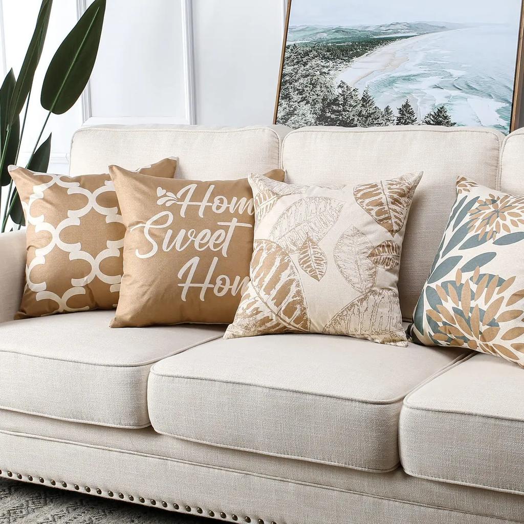 Light Brown Leaf Geometric Linen Cushion Cover for Car Living Room Sofa Bedroom Home Decor, 40x40 45x45 50x50 60x60 Pillowcase