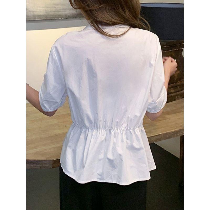 South Korea Dongdaemun Summer New Arrival Work Clothing Business Ol White with Lapel Asymmetrical Short Sleeve Shirt Top Easiest for Match Women