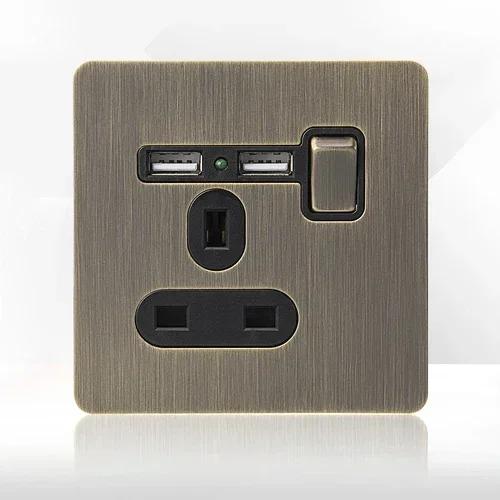 Retro Eu Metal Panel Wall Toggle Light Switch Socket,Bronzed Antique Stainless Steel German 16A Socket with USB Phone Charging
