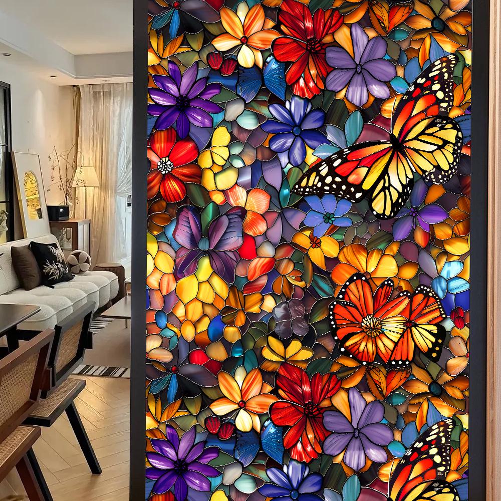 Colorful Retro Floral & Bird Static Cling Window Film - No Glue, Removable