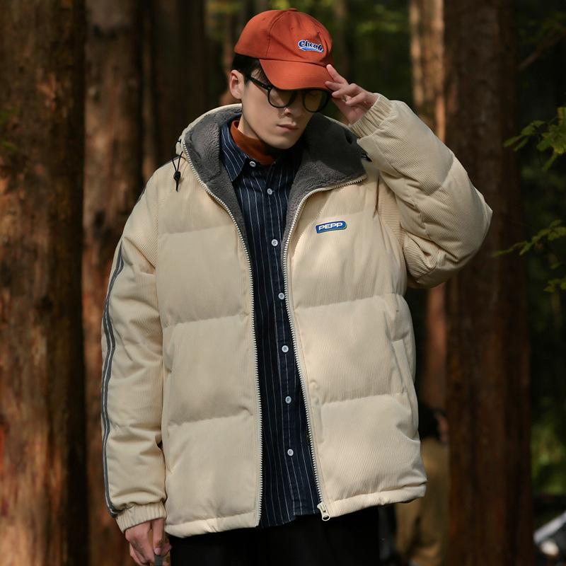 Lamb wool men's new winter Korean style warm thickened hooded loose cotton coat trendy couple internet celebrity jacket for men