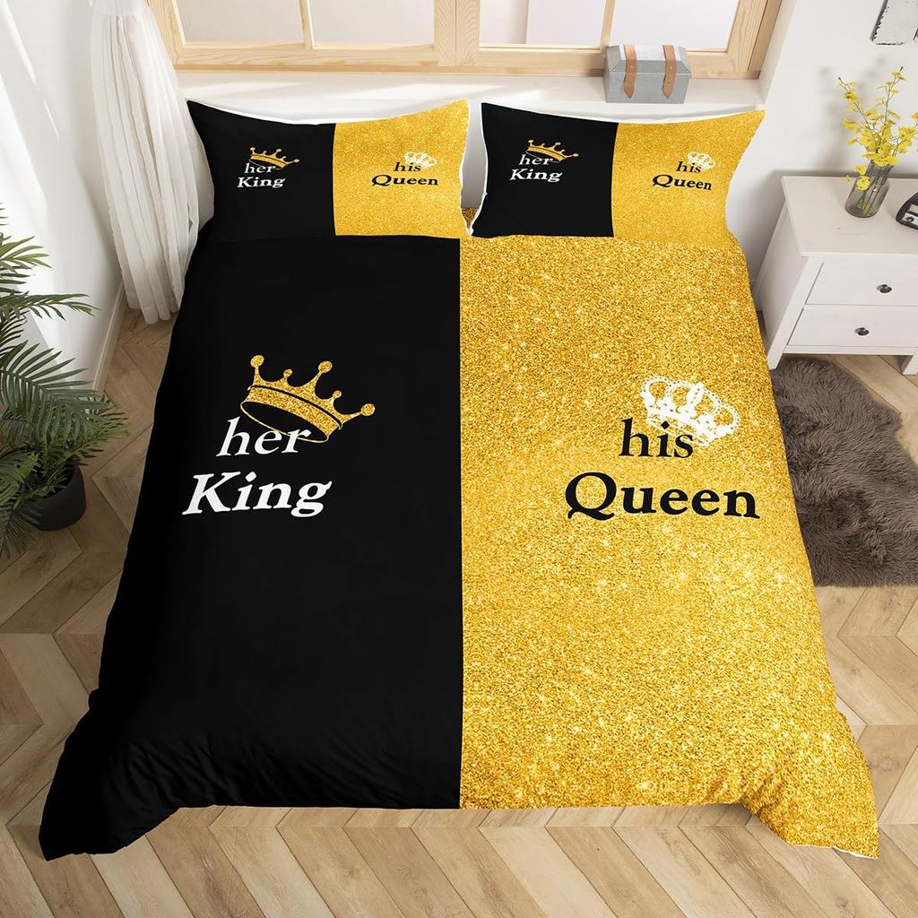 Crown Queen and King Duvet Cover Pink Black Bedding Set Crown His and Hers Comforter Cover Romantic Valentine's Day Quilt Cover