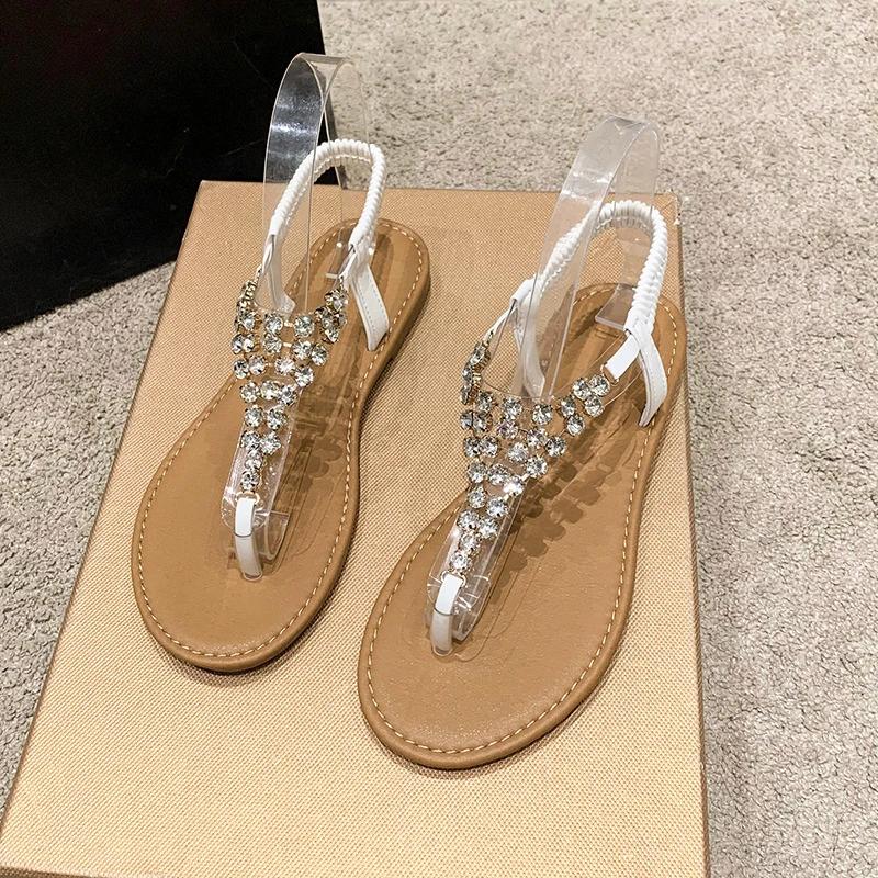 

Fashion 2025 New Summer Sandals for Women Fashion Design Outside Beach Shoes Woman Pearl Diamond Back Strap Flat Sandal Large Size 42 36