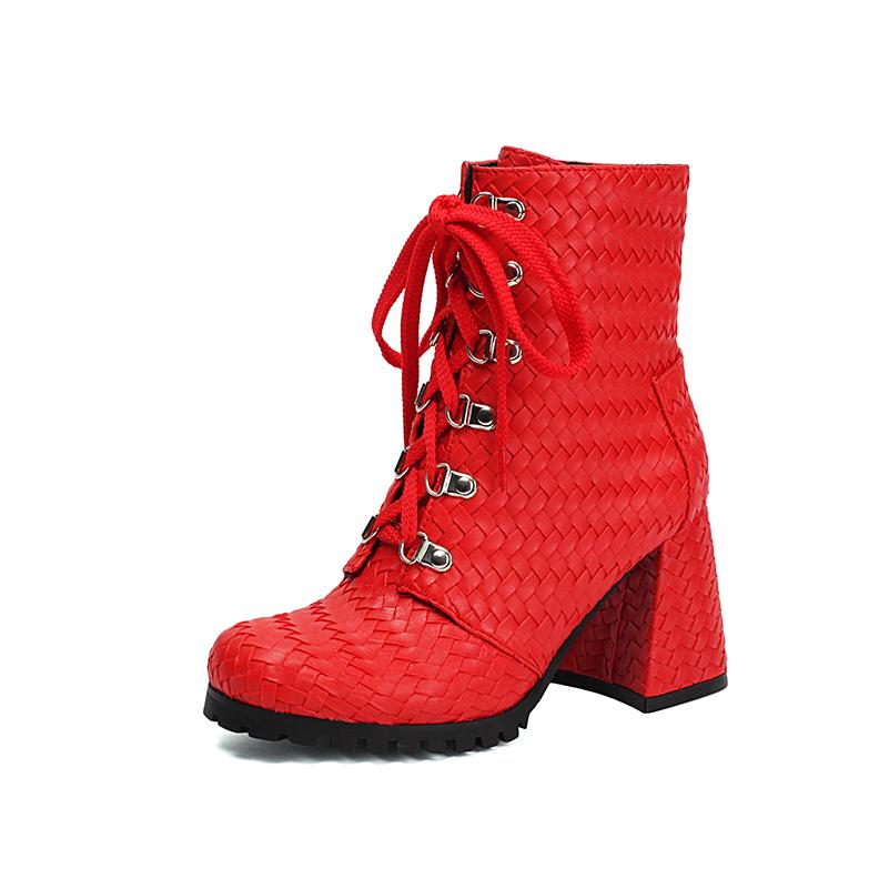Plus Size Woven Style Microfiber Upper Cross Tie Straps Side Zipper Short Tube Boots Tapered Thick Heel Autumn Ankle Boots 34 красный 7568₽