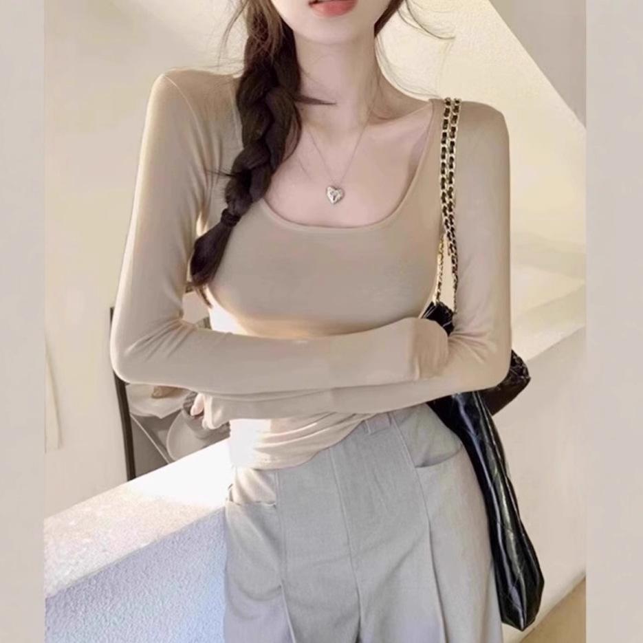 11 Модельке, футболка Spice Girl с длинным рукавом, тонкая, осенняя, новая, с квадратным вырезом, однотонная рубашка M