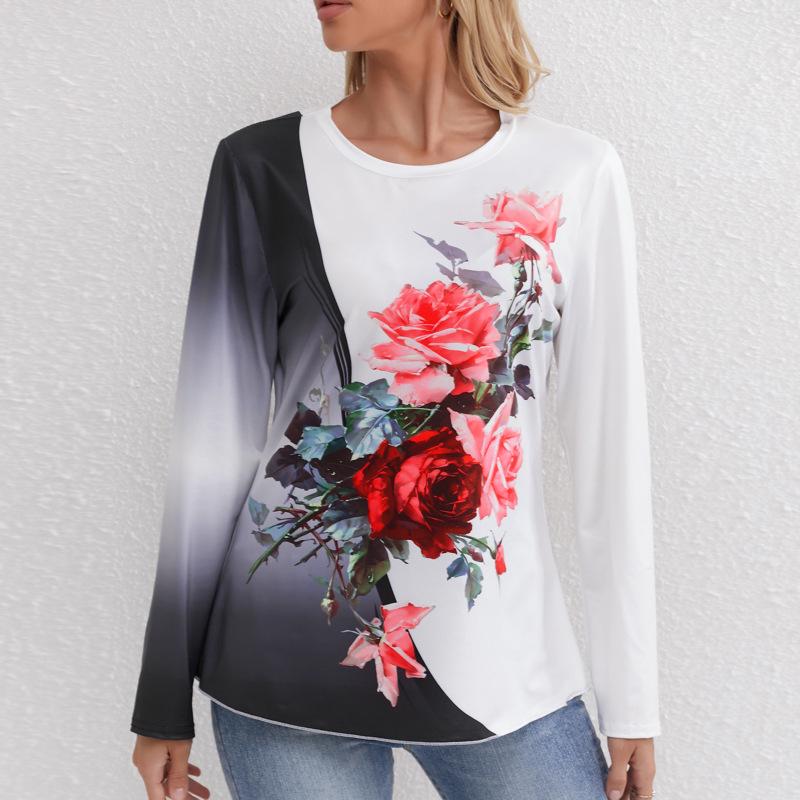 2024 Women's Floral Print Crew Neck Long Sleeve Casual Autumn T-shirt