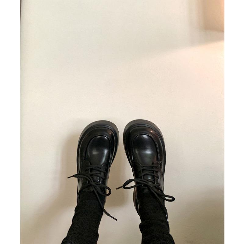 [] Academy~ Leather round head lace-up muffin thick-soled stepping heel women's small leather shoes