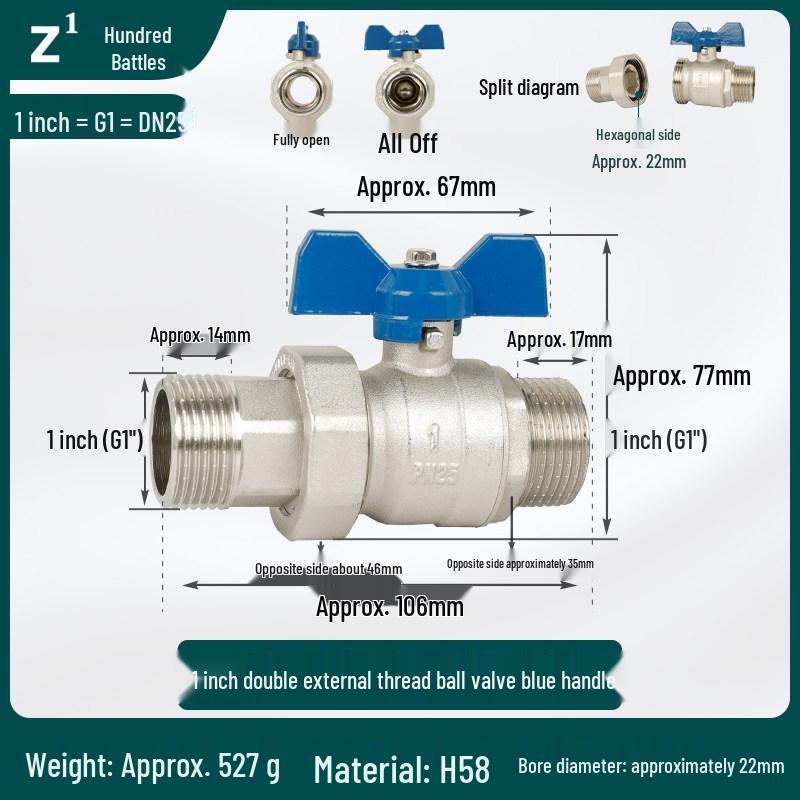 Copper Union Ball Valve, DN25, Male Threads, High-Flow Water Heater/Floor Heating Pipeline Valve Switch