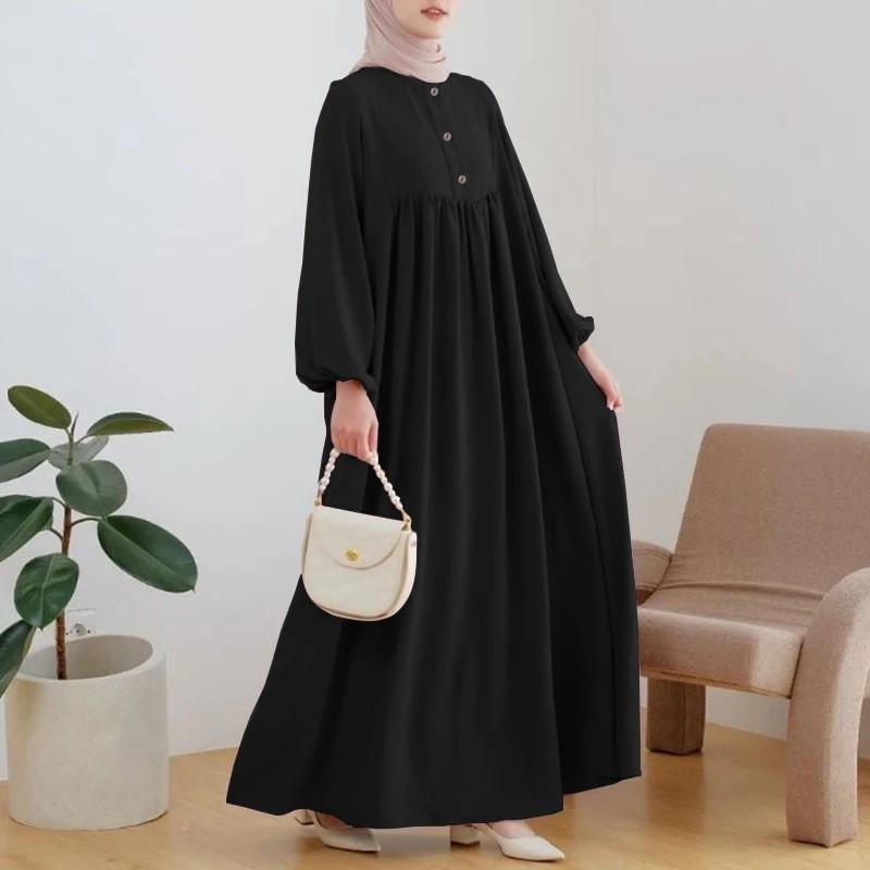 Muslim Women's Lantern Sleeve Solid Color Long Robe Dress