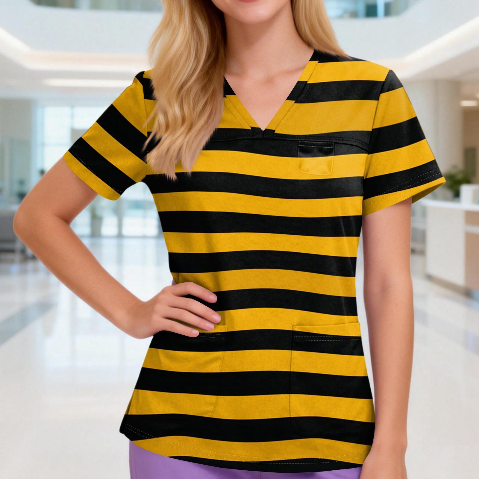 

Women s V-neck Three-pocket Short-sleeved Striped Printed Uniform/caregiver Top With Slits At The Hem M