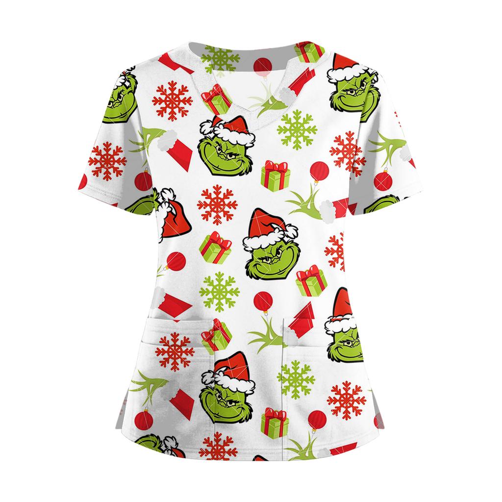 Women's Short Sleeved Christmas Printed V-neck Buttonable Side Slit Top T-shirt