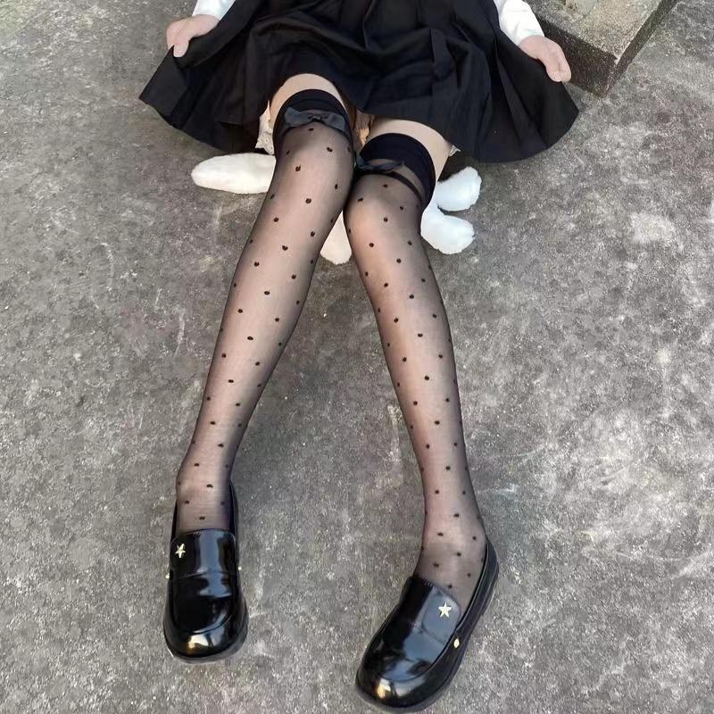 Sexy Women's Hosiery Classic Black Small Polka Dot Stay Up Thigh High Silk Stockings Hose.Ladies Bow Stockings Tights Pantyhose