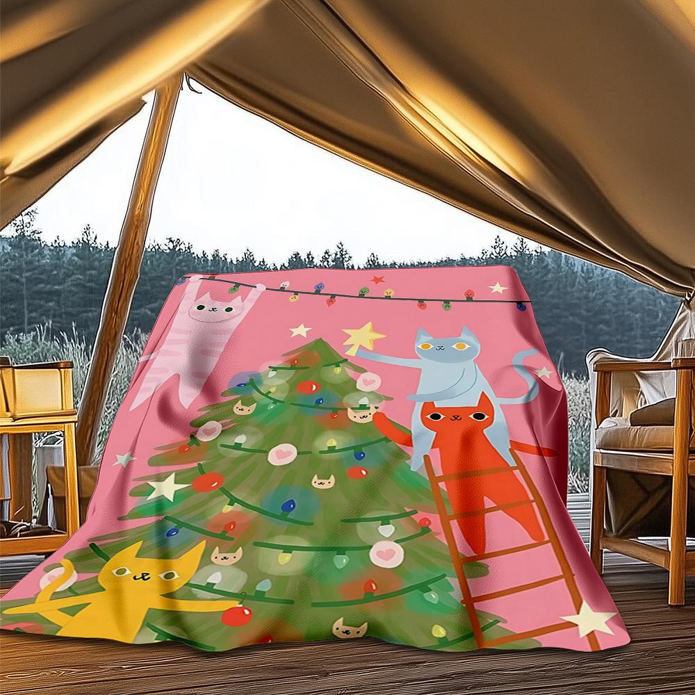 1pc Cat Christmas Outdoor Personalized Flannel Blanket, Soft, Lightweight Personalized Flannel Blanket, Digital Printing,
