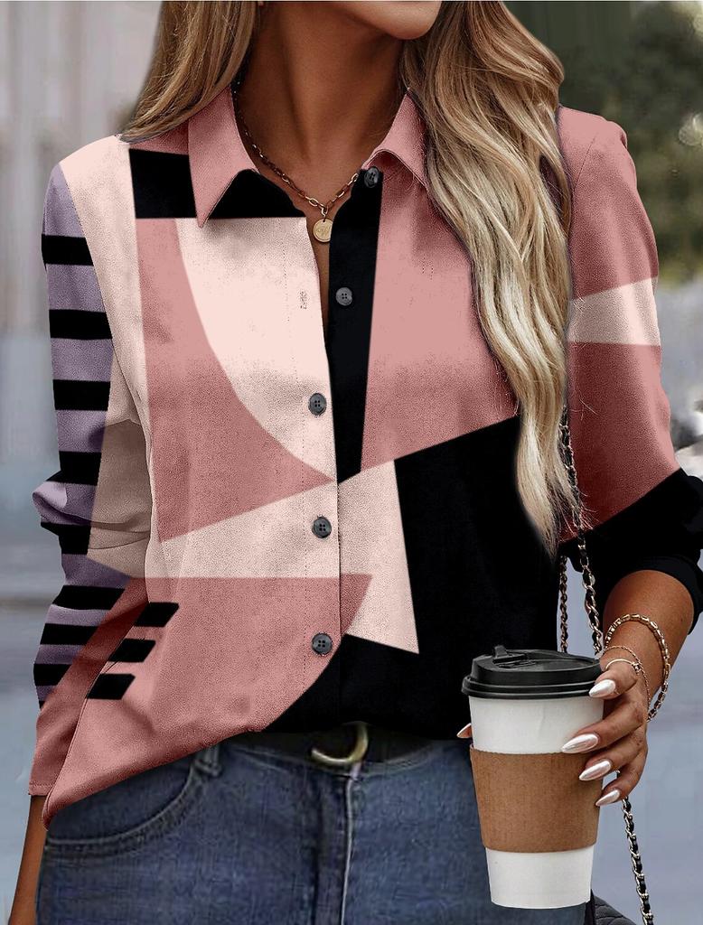 Funny Ladies Clothing Casual Long Sleeve Shirt V Neck Loose Spring and Autumn Green Chain Print Loose Plus Size Womens Shirt