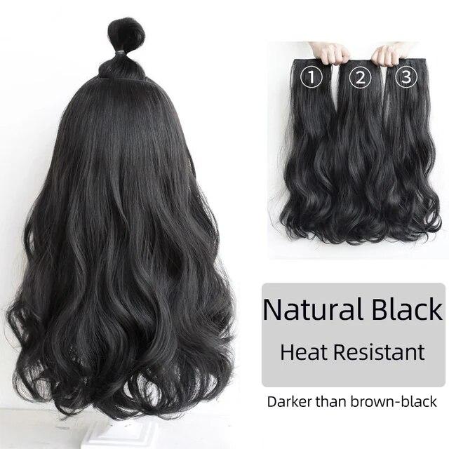 Extensii de păr sintetic, lung, drept, ondulat, ondulat, perucă falsă naturală, cu clipă pentru femeie, o singură bucată pentru femei