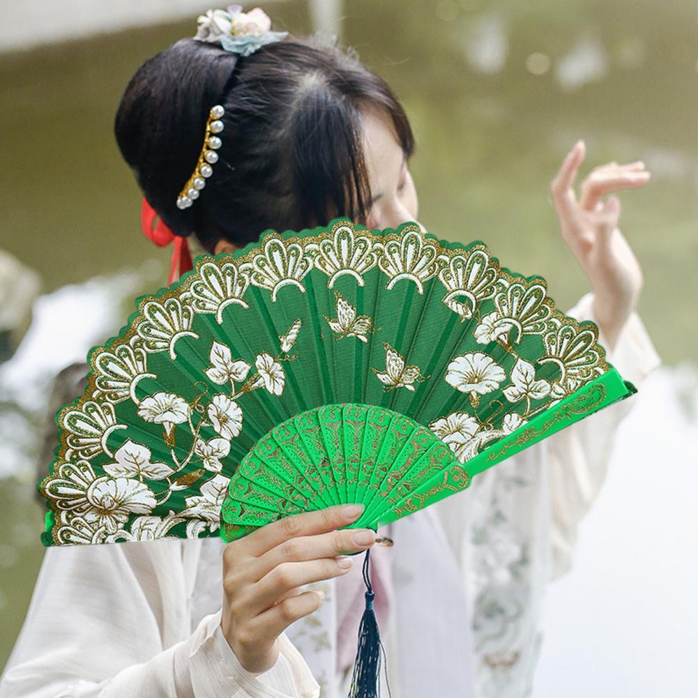 Handheld Fan Vintage Style Bright Color Flower Pattern Cloth Retro Chinese Style Folding Fan Photography Prop