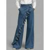 Women's Clothing, Retro Style, Irregular Pants, Mid Waist, Ruffled Edges, Denim Pants