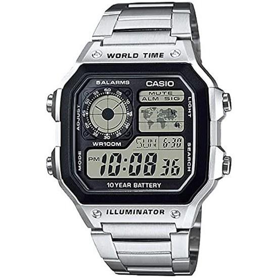 CASIO Cyfrowy zegarek z czasem światowym AE-1200WHD-1AV męski metalowa bransoleta srebrny model zagraniczny