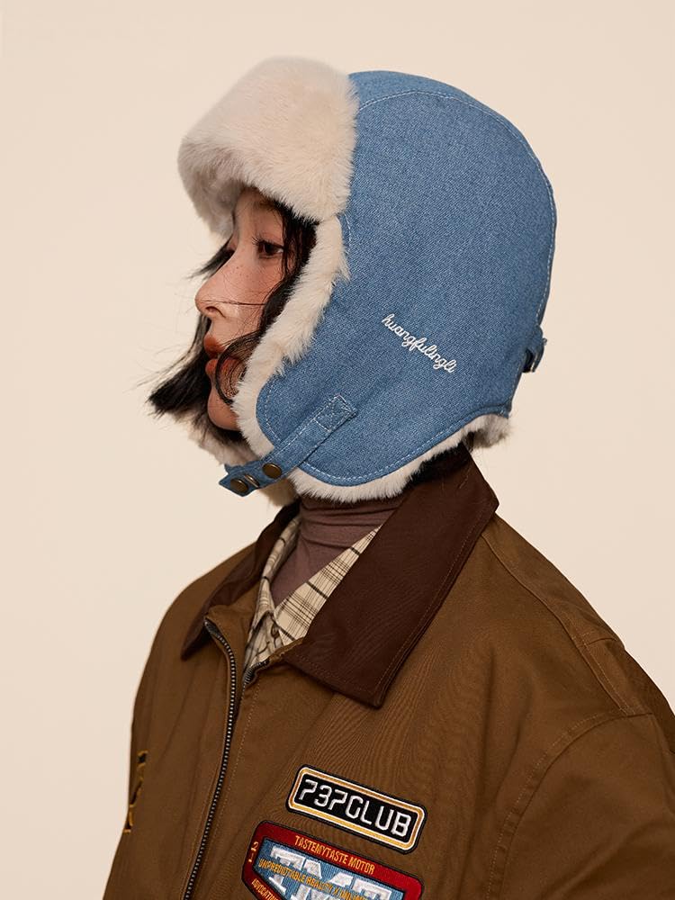 Flight Pilot Cold Protection Hat with Ear Cold Heat Cold Flight Russian Winter Climbing Blue [Clakllie] Cap, Cap, Denim, Hat, Flaps, Embroidered,