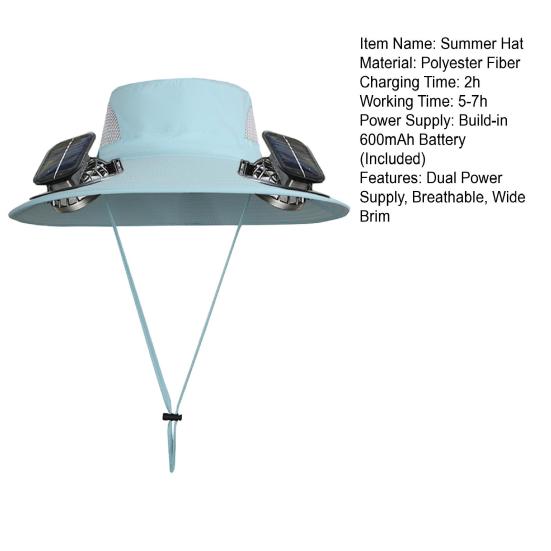 2Pcs Summer Hat with Dual Solar Fans USB Charging Wide Brim Outdoor Fishing Hat Breathable Cooling Sun Protection