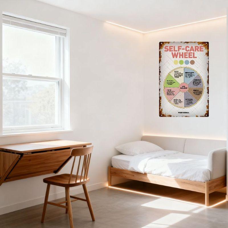 Vintage Rusty Self-Care Wheel Metal Tin Sign, Home Decor with Life Balance Categories, for Café Bar Man Cave Restaurant Wall Art