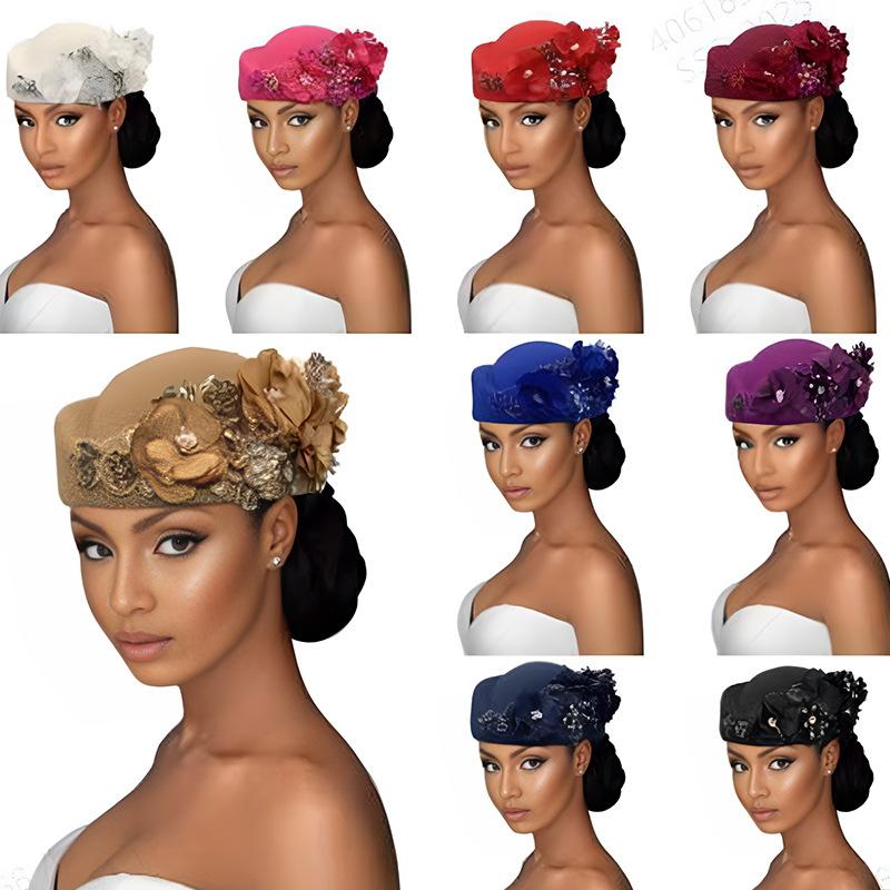 Women's Hat Retro British Style Handmade Flowers Diamond Wool Beret Autumn and Winter Style Flight Attendant Hat