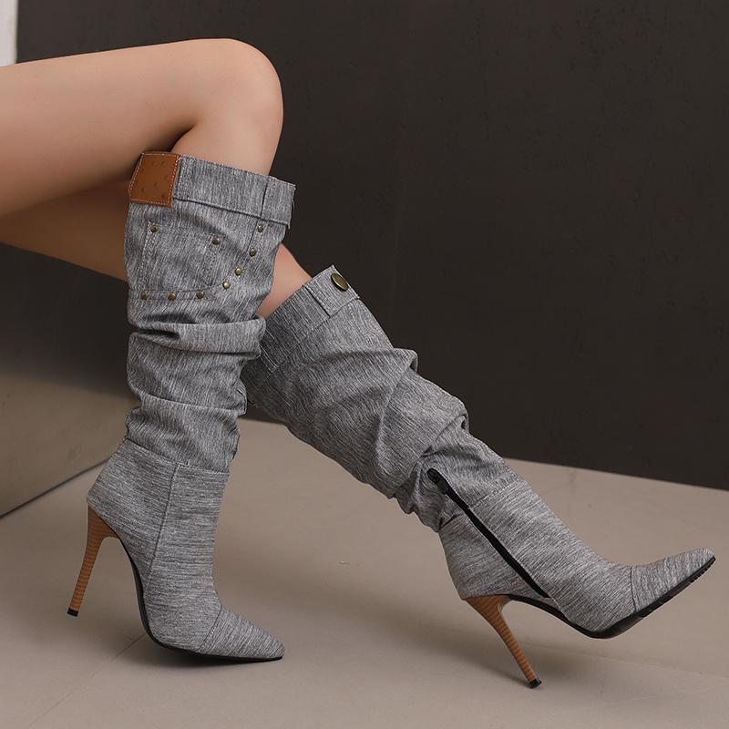 Women's High-heeled Boots Sexy European and American Style Pointed-toed Thin-heeled Large-size Cowboy Mid-boots