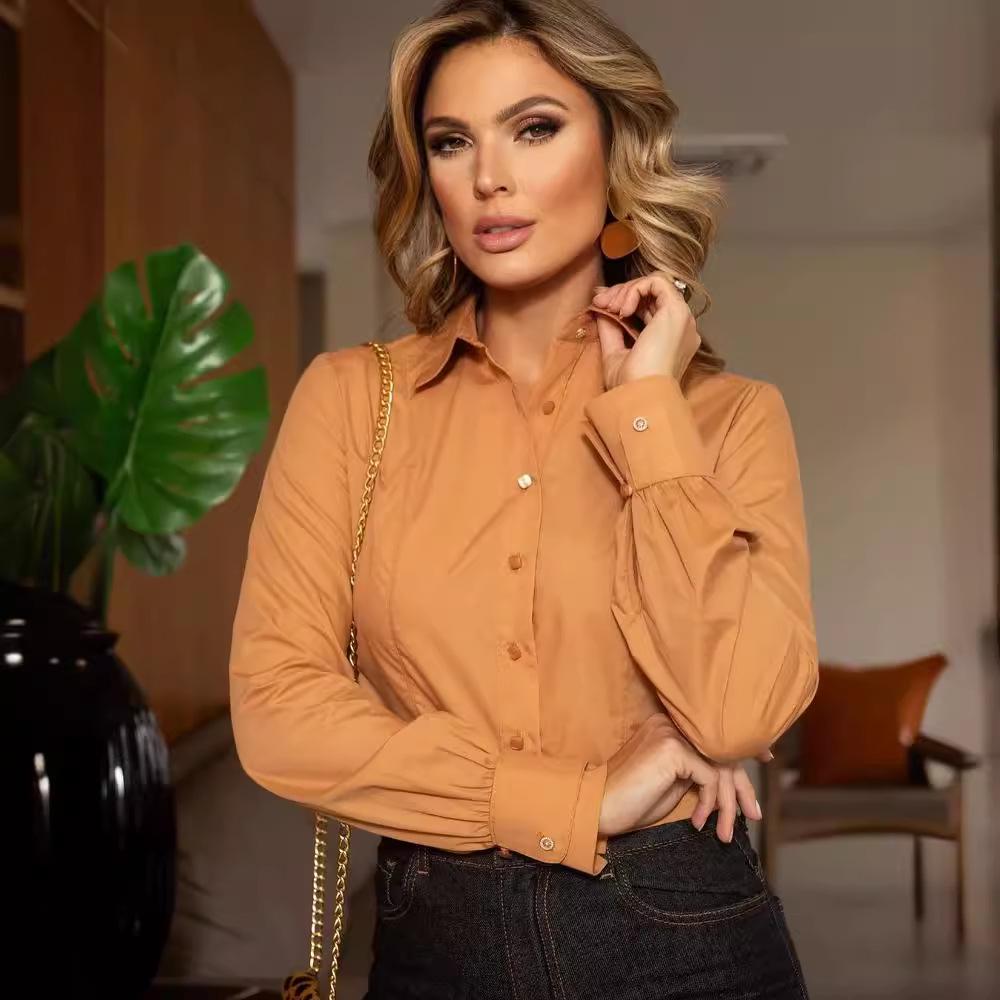 

2024 Осень Женская Приталенная Рубашка с Длинным Рукавом Однотонная с Лацканами S шоколадный