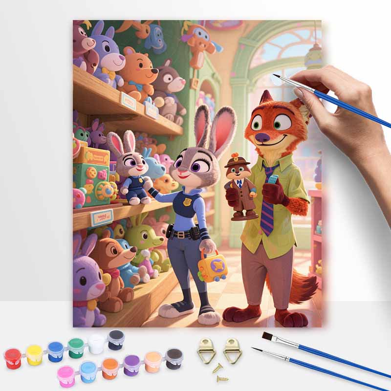 Disney Digital Oil Painting Art Kit Handmade Coloring Painting Home Decor Zootopia Police Fox Rabbit Toy Store Scene