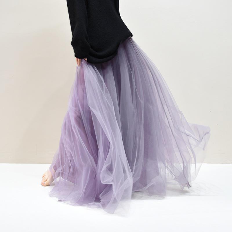Women's Mesh Pleated Tulle Midi Skirt - Mid-Length, Large Swing Design for Dance and Fairy Styles.