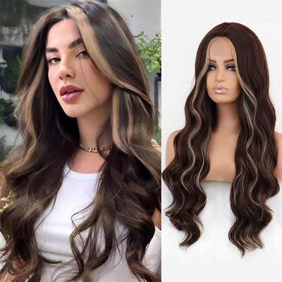 Synthetic Long Water Wave Wig Without Bangs Fiber Ombre Brown Blonde Color Body Wave Lace Front Wig