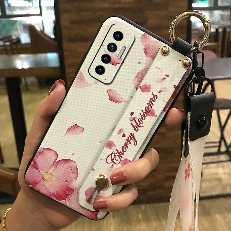 Soft case Silicone Phone Case For Tecno Camon17P Dirt-resistant Flower Durable Wrist Strap Wristband Lanyard Ring
