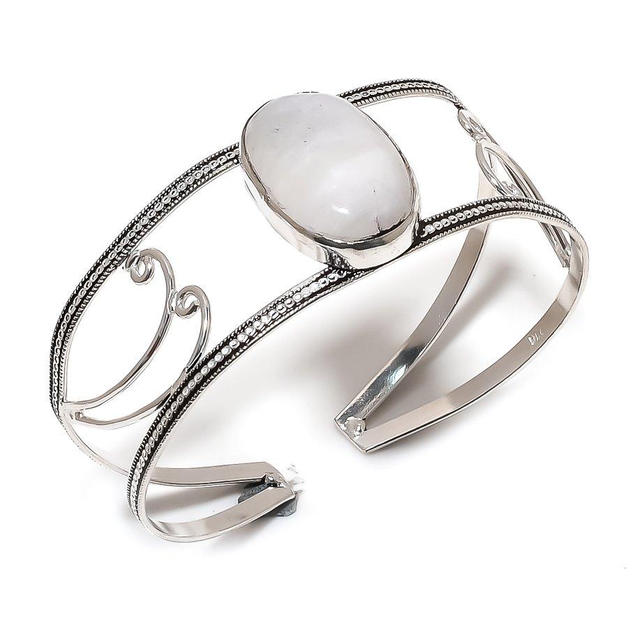 

Натуральный Лунный Камень Драгоценный Камень 925 Стерлинговое Серебро Манжета Браслет Регулируемый R6O47