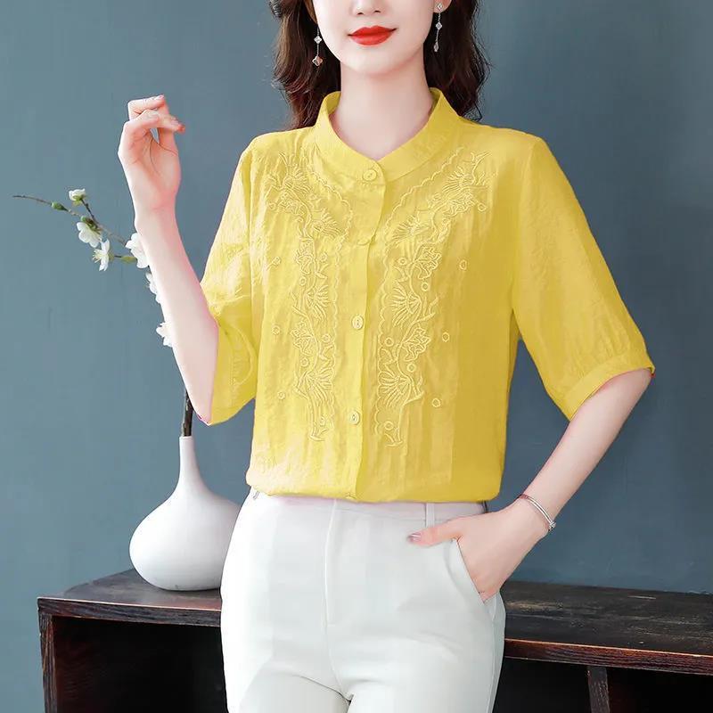 

Літня жіноча сорочка з вишивкою з льодового шовку з короткими рукавами для схуднення, базові блузки, сорочки 5XL жовтий