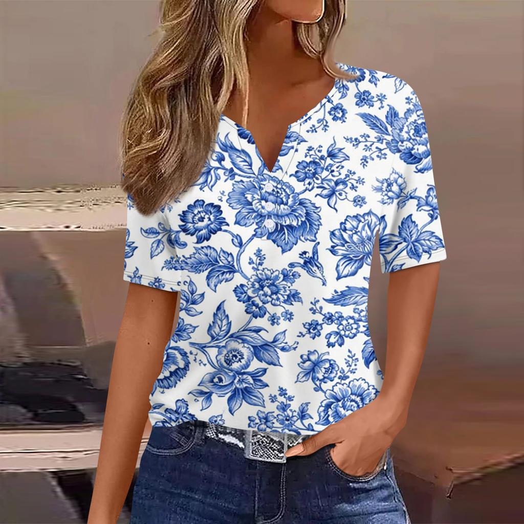 Women's T Shirt Tee Printed Button Short Sleeve Tunic Daily Weekend Fashion Basic V- Neck Regular Top