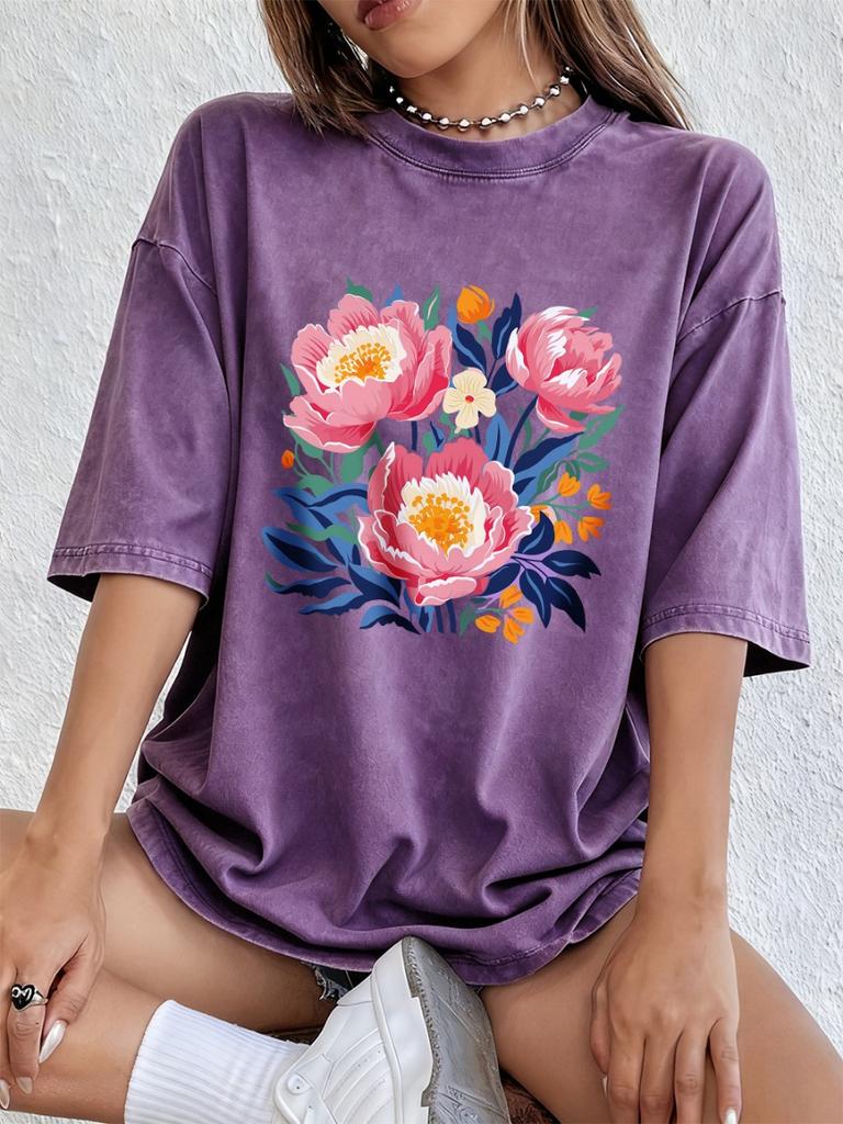 Peony Flowers Printing Washed T-Shirts Womens Cotton Short Sleeve Tops Casual O-Neck Oversized T Shirts Summer Woman Clothes