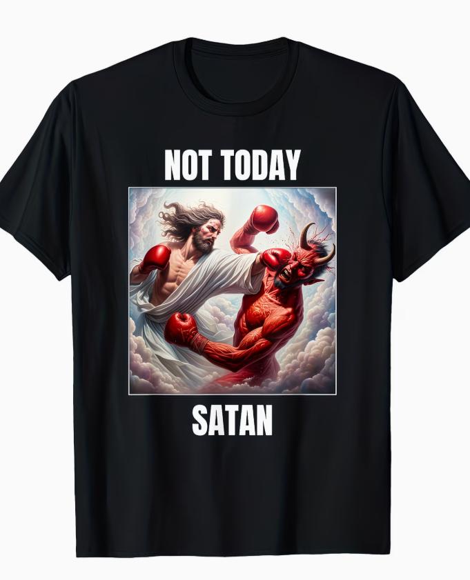 Wemen Not Today Satan T Shirt Jesus Boxing Satan Religious Faith Print Short Sleeve O Neck Casual Tops Black Street Daily Wear
