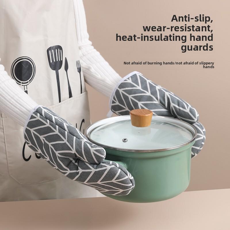 Anti-scalding Gloves Kitchen Microwave Oven Thickened Plaid Oven Heat-proof Gloves High Temperature Baking Cotton and Linen Heat-insulating Gloves