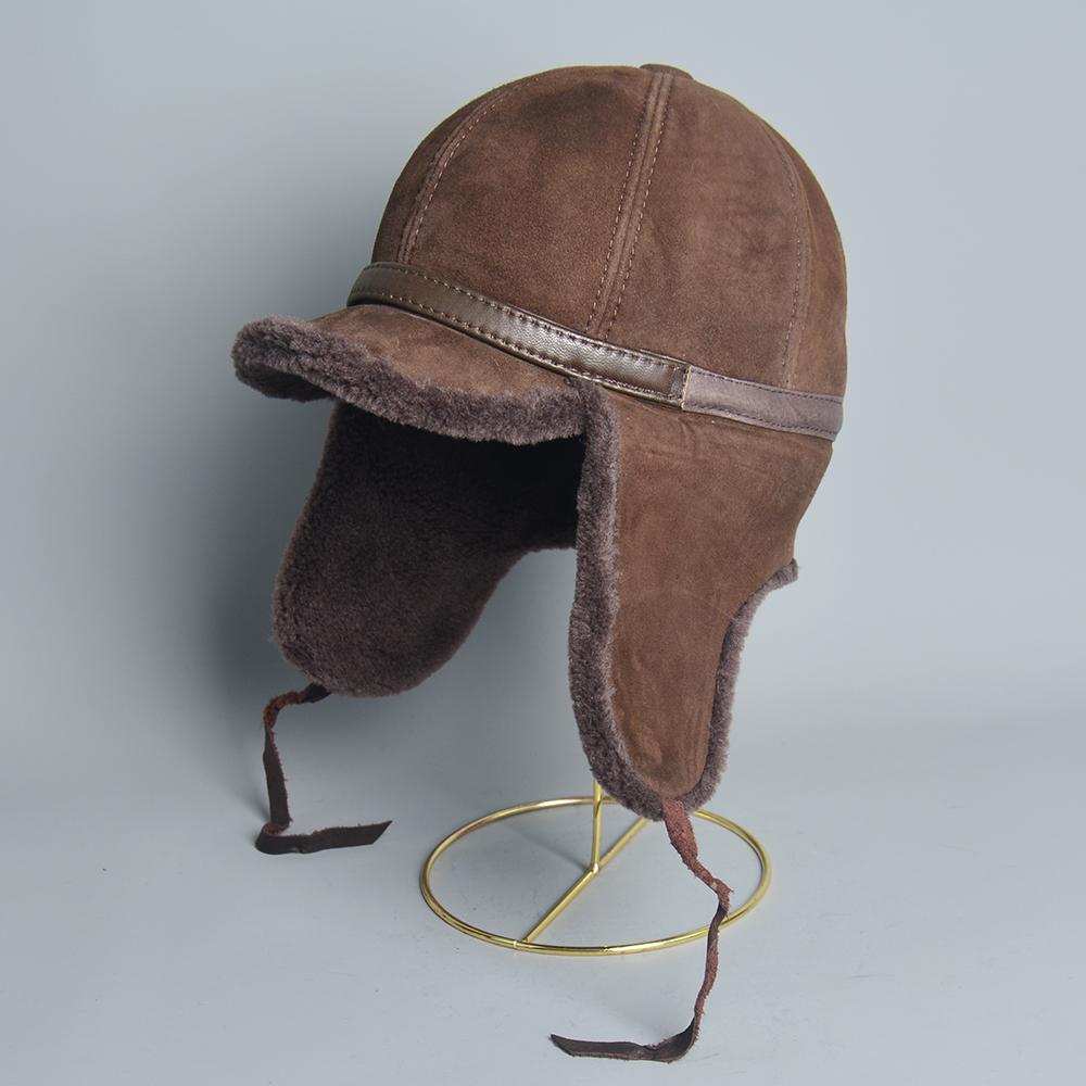 High Quality Winter Leather Hat Men Fur Lamb Wool Warm Thick Earflaps Bomber Hats Men's Baseball Cap Russian Hat