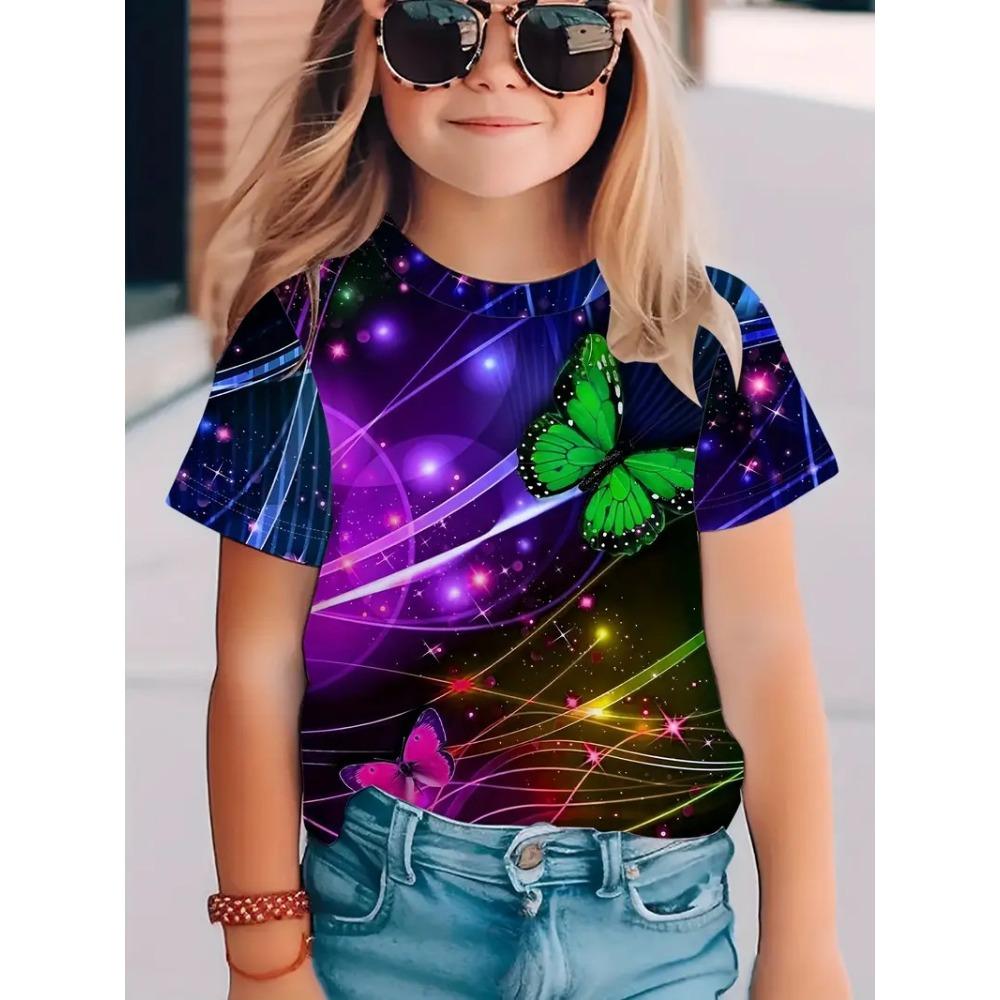 Summer Round Neck 3D Butterfly Pattern Printed Top Fashionable Casual Short Sleeved Children's Girl T-shirts
