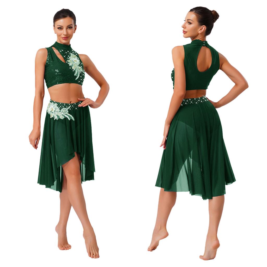 Embroidery Applique Dancewear Set for Women S-XXL: Sleeveless Hollow Crop Top & Irregular Mesh Hem Briefs-Type Skirt