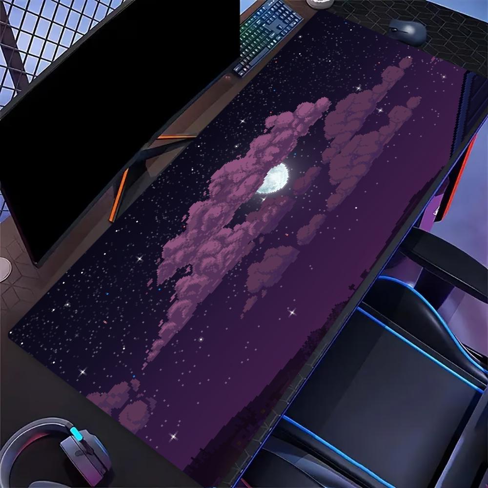 Gaming Mouse Pad Purple Cloud Starry Moon Sky Large Desk Mat Non Slip Rubber Lock Edge Extended Keyboard Computer Laptop Office