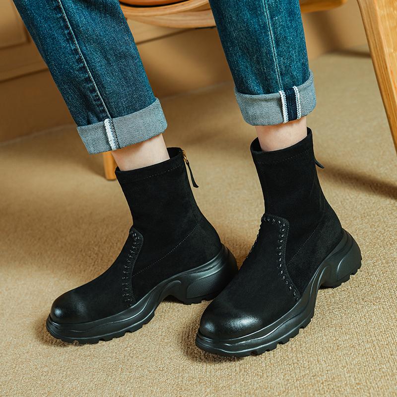 Fashion 2025 New Autumn Motorcycle Women Boots Women Shoes Round Toe Chunky Heel Modern Platform Stretch Short Boots Ladies Shoes