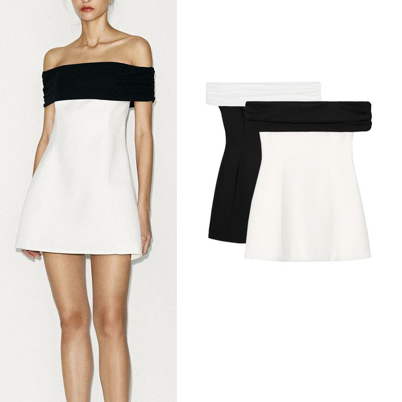 Summer New Women Clothes off-the-Shoulder Straight Tie Lining Contrast Color Patchwork Short Tube Top Dress 2663777